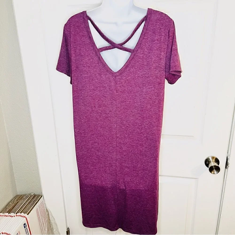 Yelete Criss Cross Back TShirt Dress Swing Athletic VNeck Purple S